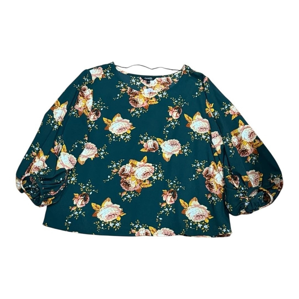 George Blouse Womens Large Green Floral Balloon Sleeve Pullover Crepe Top